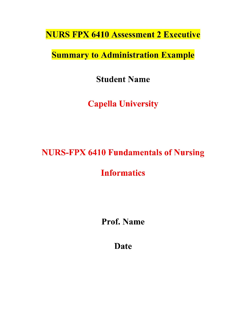 NURS FPX 6410 Assessment 2 Executive Summary to Administration