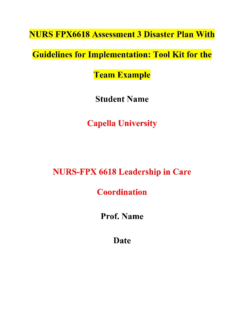 NURS FPX6618 Assessment 3 Disaster Plan With Guidelines for Implementation: Tool Kit for the Team